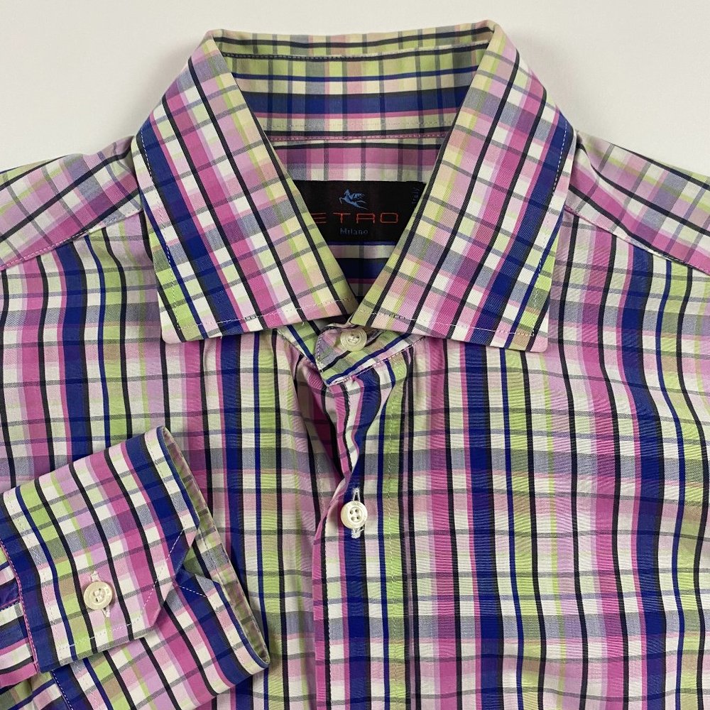 Etro Milano Shirt Mens 39 Purple Pink Check Cotton Button Up Down Front